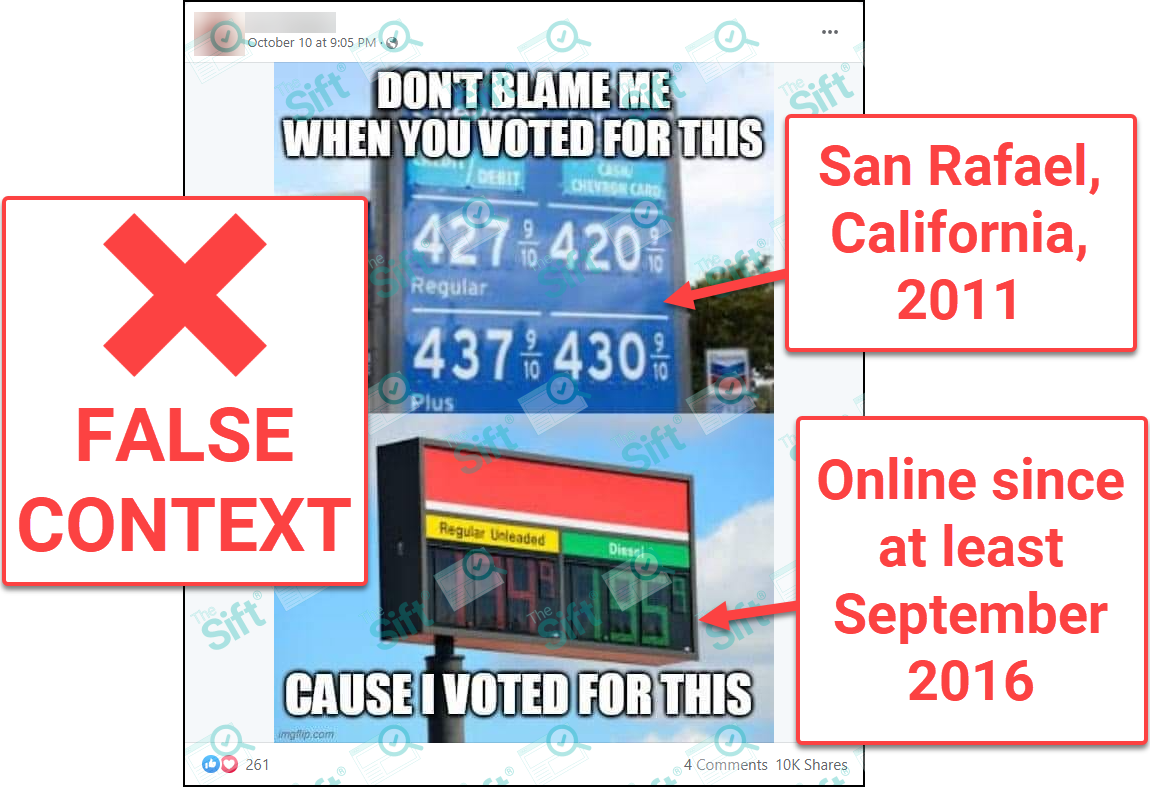 A Facebook post of a meme with two photos of gas station signs. The first photo shows prices above $4 a gallon and has the words “don’t blame me when you voted for this” on top, while the second photo shows gas prices just over $1 a gallon and has the words “cause I voted for this” on top. The News Literacy Project has added a label saying “false context” over both, and given the photo showing high prices a label that says, “San Rafael, California, 2011” and the photo showing low prices a label that says, “online since at least September 2016.”