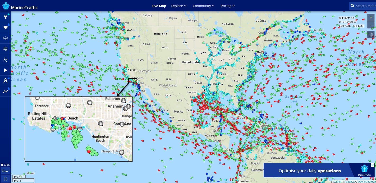 An Oct. 14 screenshot of the MarineTraffic website showing a similar region as the viral image. An enlarged view (inset) of traffic at the ports of Los Angeles and Long Beach shows a cluster of dot icons, which indicate ships that aren’t moving. The green dots indicate cargo ships sitting still.
