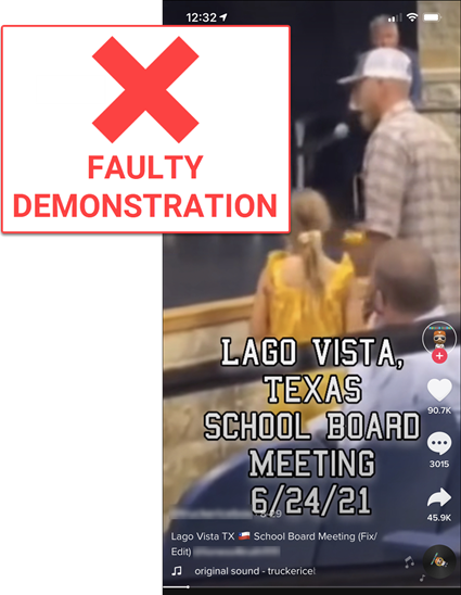 A screenshot of a TikTok video showing a man and young girl at a school board meeting. The text “Lago Vista, Texas school board meeting 6/24/21” has been added as a caption at the bottom of the screen. A caption from the News Literacy Project with a red X and the words “faulty demonstration” in red font has been added.