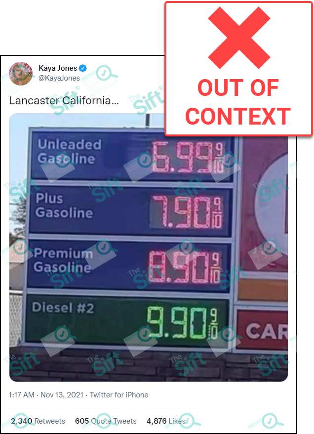 A tweet that says, “Lancaster California …” with a photo of a gas station sign with prices ranging from $6.99 to $9.90 a gallon. The News Literacy Project has added a label that says, “OUT OF CONTEXT.”