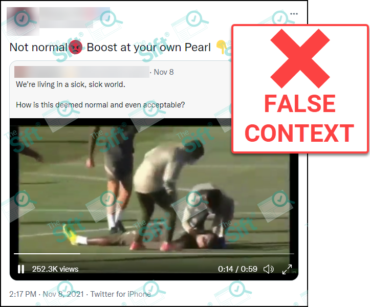 A retweet of a video showing athletes collapsing that says, “Not normal. Boost at your own Pearl [peril].” The original tweet containing the video says, “We’re living in a sick, sick world. How is this deemed normal and even acceptable?” The News Literacy Project has added a label that says, “FALSE CONTEXT.” 