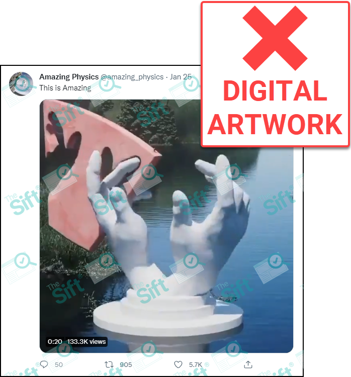 A tweet featuring a video of what appears to be a kinetic sculpture of a pair of upraised, rotating hands perfectly timed to pass through holes in a large, swinging pendulum. The News Literacy Project added a label that says, “DIGITAL ARTWORK.”