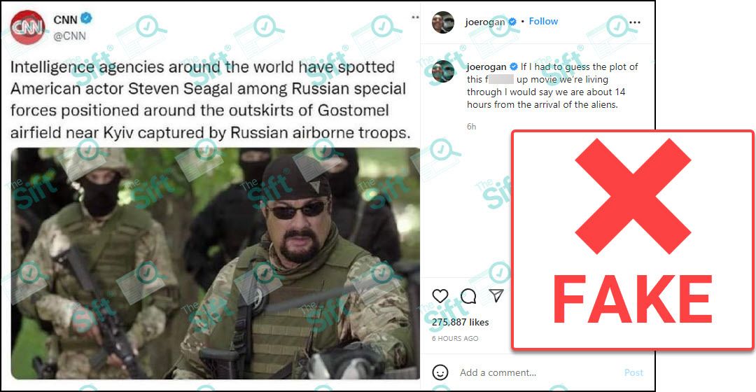 An Instagram post from Joe Rogan that includes a screenshot of what appears to be a tweet from the verified account of CNN. The tweet includes a photo of Steven Seagal in military fatigues and says “Intelligence agencies from around the world have spotted American actor Steven Seagal among Russian special forces positioned around the outskirts of Gostomel airfield near Kyiv captured by Russian airborne troops.” The News Literacy Project has added a label that says "FAKE."