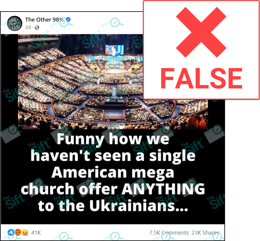 A Facebook post of a meme that says “Funny how we haven’t seen a single American mega church offer anything to the Ukrainians….” The News Literacy Project has added a label that says “FALSE.”