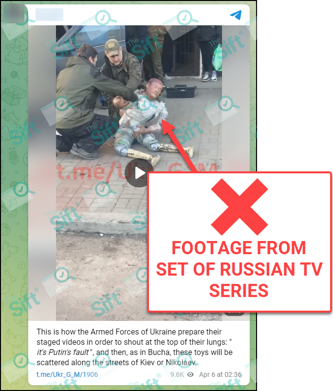  A Telegram post containing a video showing two men preparing what appears to be a stunt dummy. The post includes the text “This is how the Armed Forces of Ukraine prepare their staged videos in order to shout at the top of their lungs: “it’s Putin’s fault”, and then, as in Bucha, these toys will be scattered along the streets of Kiev or Nikolaev. The News Literacy Project has added a label that says, "FOOTAGE FROM SET OF RUSSIAN TV SERIES."