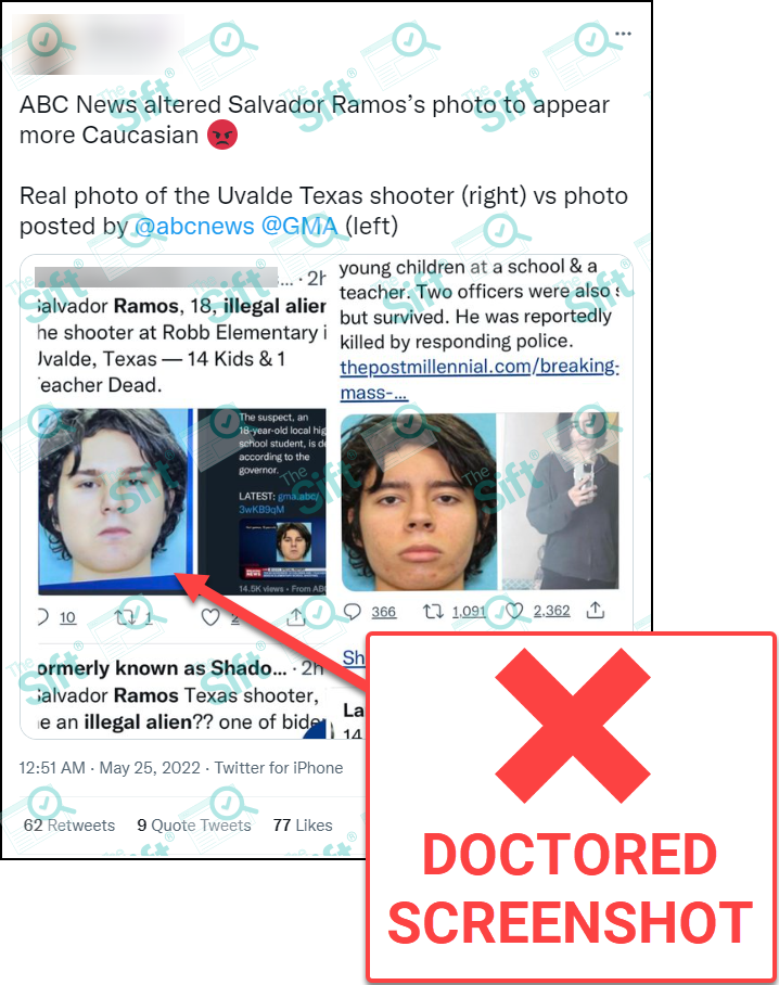 A tweet that says, “ABC News altered Salvador Ramos’s photo to appear more Caucasian. Real photo of the Uvalde Texas shooter (right) vs photo posted by @abcnews @GMA (left).” The post includes screenshots of two other tweets. One includes a screenshot of what appears to be ABC News coverage and one with a photo of Salvador Ramos. The News Literacy Project has added a label that says, "DOCTORED SCREENSHOT."