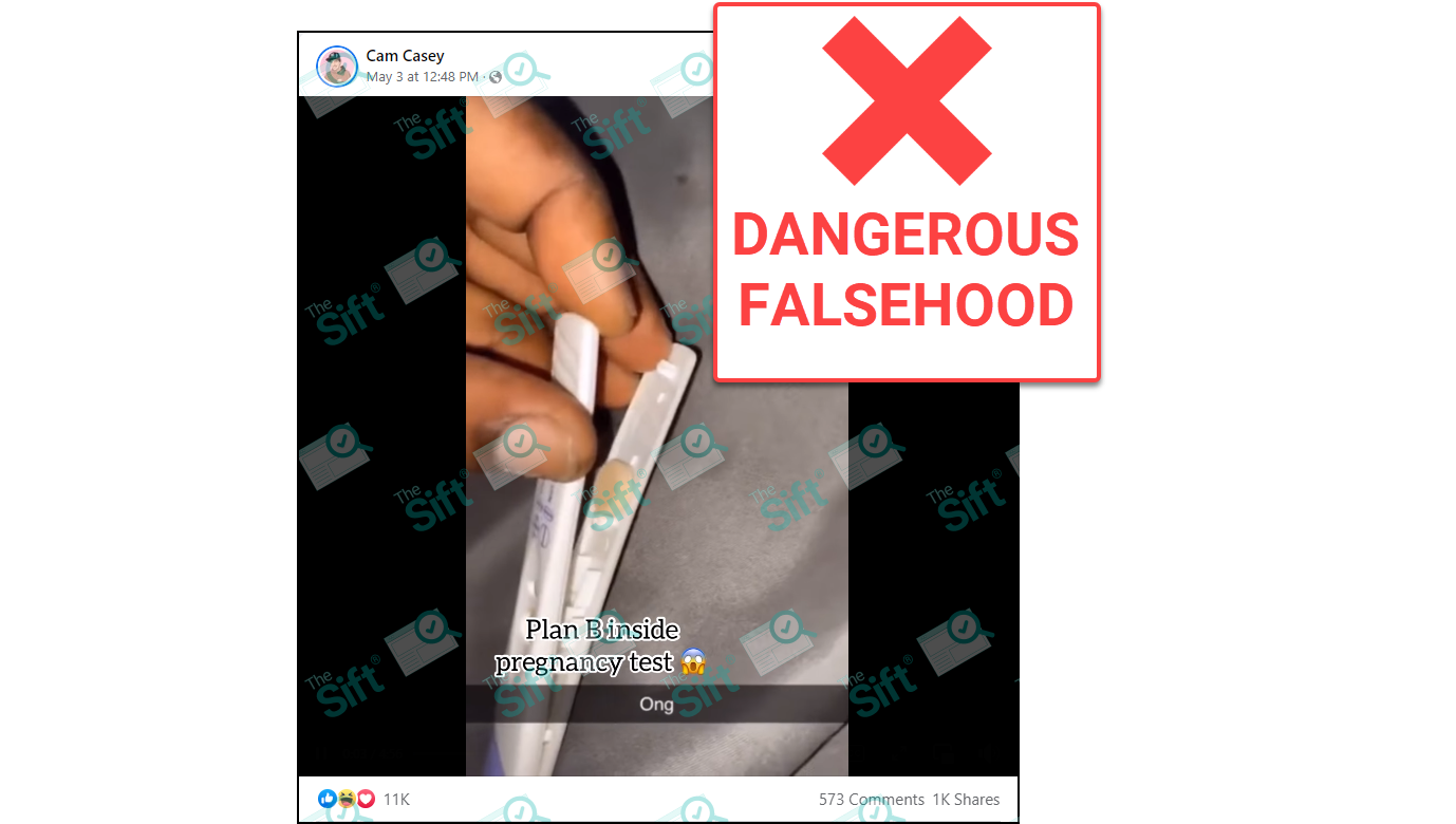 A still from a video posted to Facebook showing someone prying open a home pregnancy test to reveal what appears to be a tablet. Text over the video says, “Plan B inside pregnancy test, omg.” The News Literacy Project has added a label that says, "DANGEROUS FALSEHOOD."