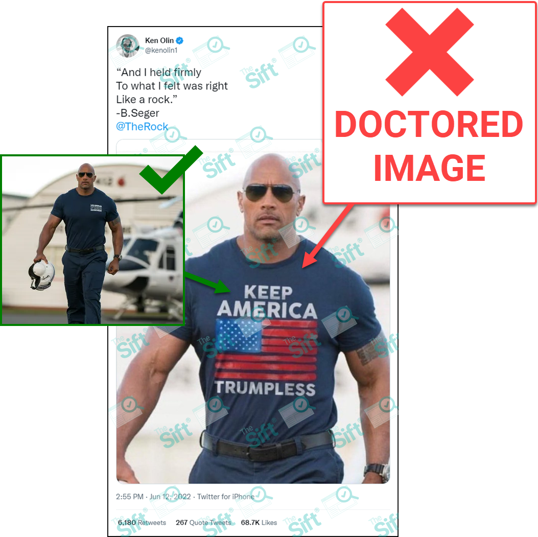 A tweet that says, ““And I held firmly, To what I felt was right, Like a rock.” -B.Seger @TheRock.” The post includes a photo of the actor Dwayne “The Rock” Johnson appearing to wear a t-shirt with an American flag and the message “Keep America Trumpless.” The News Literacy Project has added a label that says, "DOCTORED IMAGE."