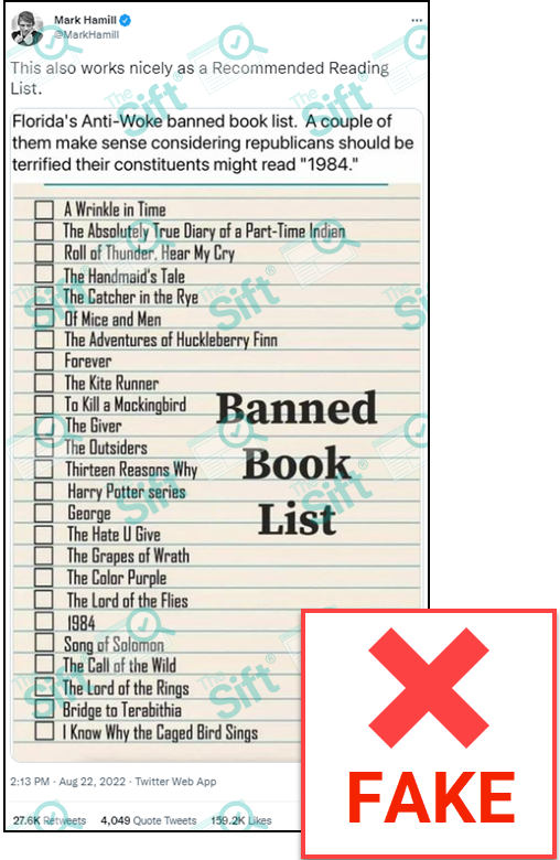 An image of a tweet from actor Mark Hamill reads, “This also works nicely as a Recommended Reading List.” The tweet features a picture of a “Banned Book List” that includes titles such as “A Wrinkle in Time,” “The Absolutely True Diary of a Part-Time Indian” and “Roll of Thunder, Hear My Cry.” The alleged banned books meme includes the paragraph “Florida’s Anti-Woke banned book list. A couple of them make sense considering republicans should be terrified their constituents might read ‘1984.’” The News Literacy Project has added a label that says, “FAKE.”