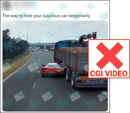 A tweet reads “The way to hide your luxurious car temporarily” and features a video supposedly showing a car driving under a truck to evade police. The News Literacy Project has added a label that says, “CGI VIDEO.”