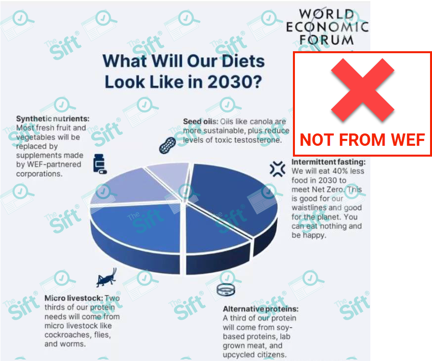 An infographic carrying a “World Economic Forum” logo is titled “What Will Our Diets Look Like in 2030?” and shows a pie chart divided into sections labeled “synthetic nutrients,” “seed oils,” “intermittent fasting,” “micro livestock” and “alternative proteins.” The News Literacy Project has added a label that says, “NOT FROM WEF.”